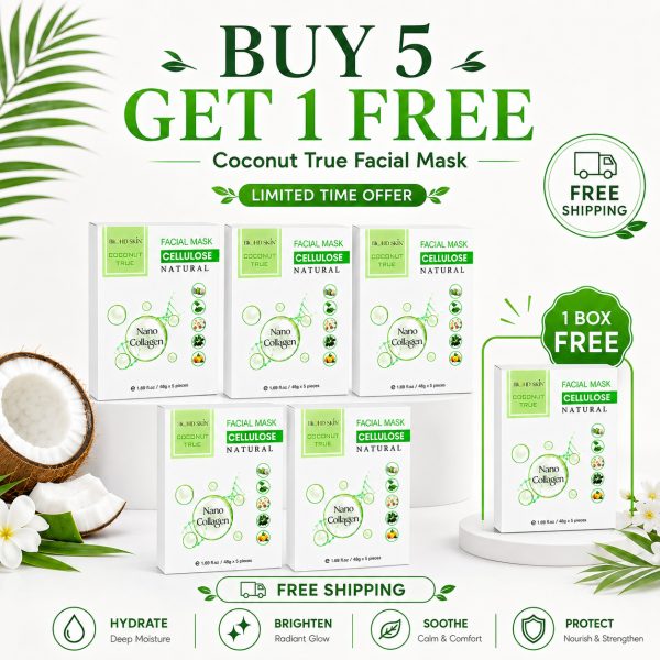 BIOHD SKIN Coconut True Cellulose — Nano Collagen Facial Sheet Mask, BUY 5 GET 1 FREE (5 Sheets/ Box)
